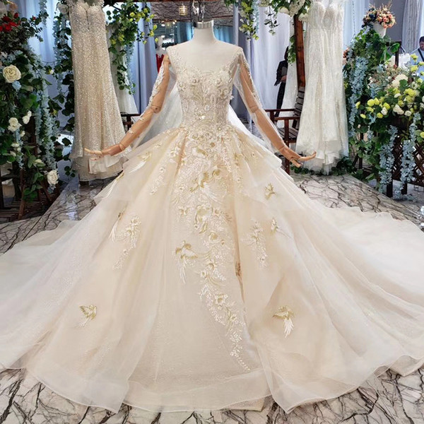 2022latest bohemian wedding dress illusion o neck long tulle sleeve open keyhole back lace applique princess ball gown wedding dresses new