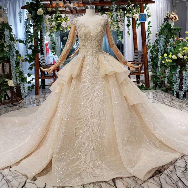 2022Latest camo wedding dresses Long Tulle Sleeve Open Keyhole Back Illusion O Neck Ruffle Pearl plus size wedding dresses bridal gowns New