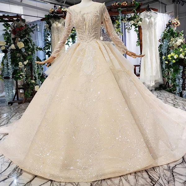 2022long sleeve wedding dress illusion o neck long tulle sleeve open keyhole back crystal beaded applique pattern cheap wedding dresses new