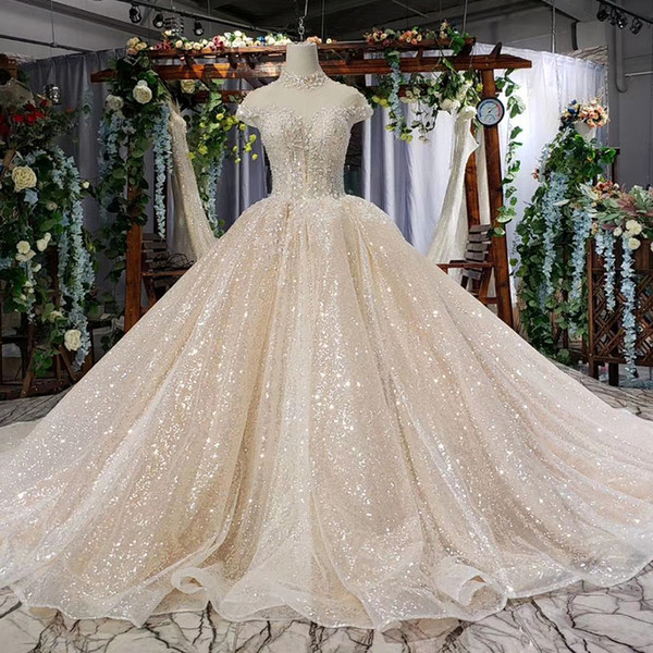 2022summer boho wedding dresses illusion high neck cap sleeve open keyhole back crystal sequins lace applique satin wedding dresses garden