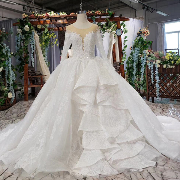 2022plus size wedding dresses illusion o neck long tulle sleeve lace up back Cascading Ruffles lace applique sequins vestidos de novia new