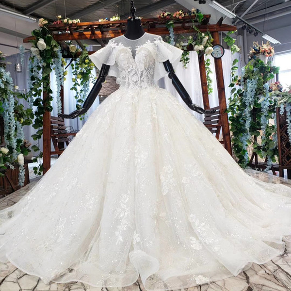 2022latest simple wedding dresses illusion o neck short sleeve open keyhole back crystal lace applique princess ball gown wedding dresses