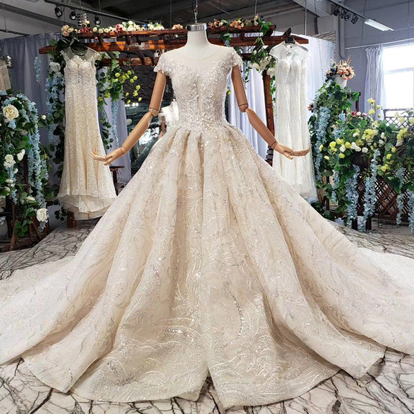 2022ball gown wedding dresses illusion o neck short sleeve open keyhole back crystal lace applique beaded plus size wedding dresses garden