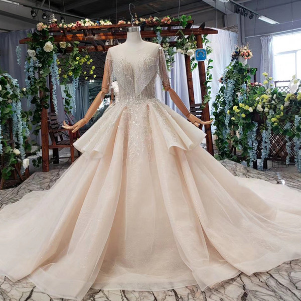 2022plus size wedding dresses Illusion O Neck Tassel Short Sleeve Open Keyhole Back Beaded Chest Crystal wedding dresses bridal gowns New