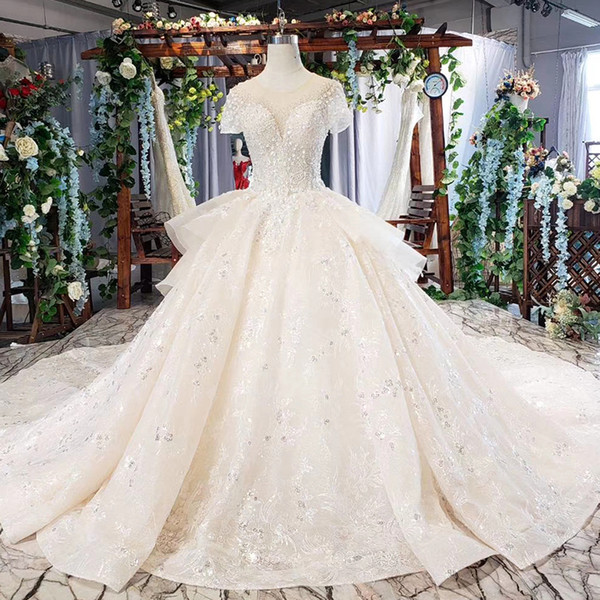 2022latest simple wedding dresses illusion o neck short sleeve open keyhole back s ceystal lace applique sequins vestidos de novia garden