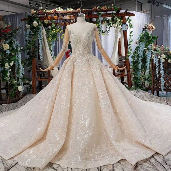 2022ball gown wedding dresses long tulle sleeve illusion o neck open keyhole back crystal beaded sequins latest lace wedding dresses garden