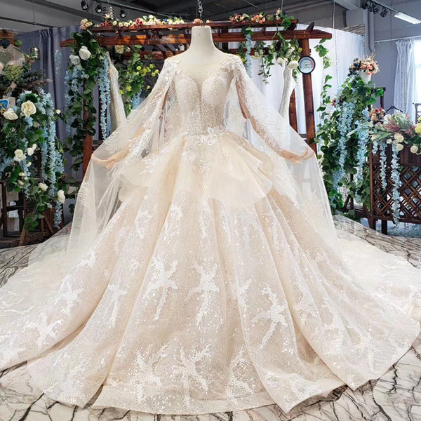 2022ball gown wedding dresses illusion o neck ruffle lace shawl short sleeve open keyhole back crystal beaded simple wedding dresses latest