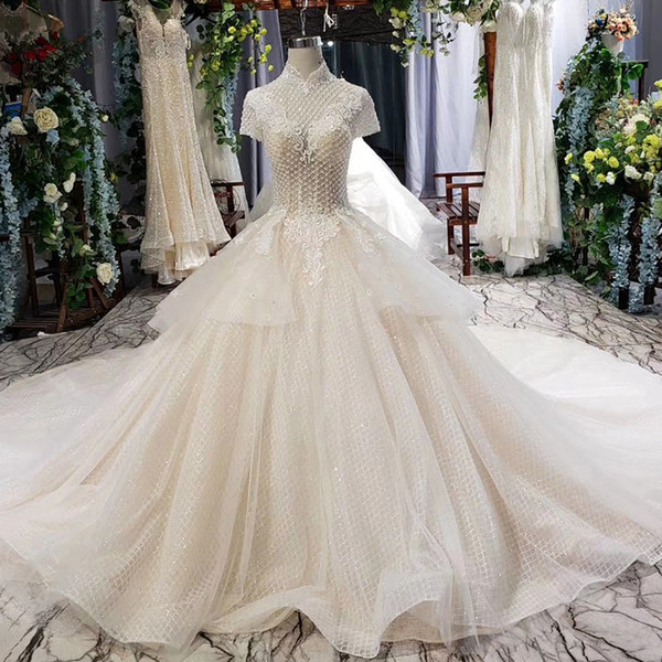 2022latest robes de mariée Cascading Ruffles Illusion high neck short sleeve open keyhole back sequin lace applique Wedding Dress garden