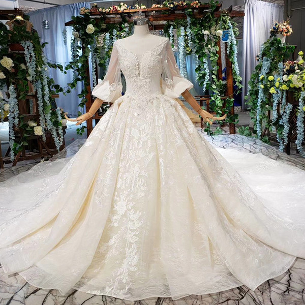 2022Summer Latest Wedding Dresses Illusion Deep V Neck Tulle Seven-quarter Sleeve Open Keyhole Back Pearl Sequins Crystal Bridal Gowns New