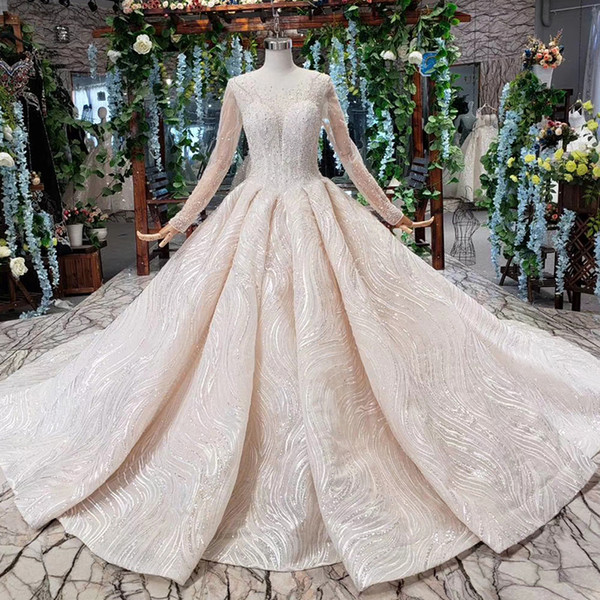 2022Latest Bohemian Wedding Dresses Long Tulle Sleeve Illusion O Neck Lace Up Back Crystal Pearl Applique Pattern Lace Bridal Gowns Garden