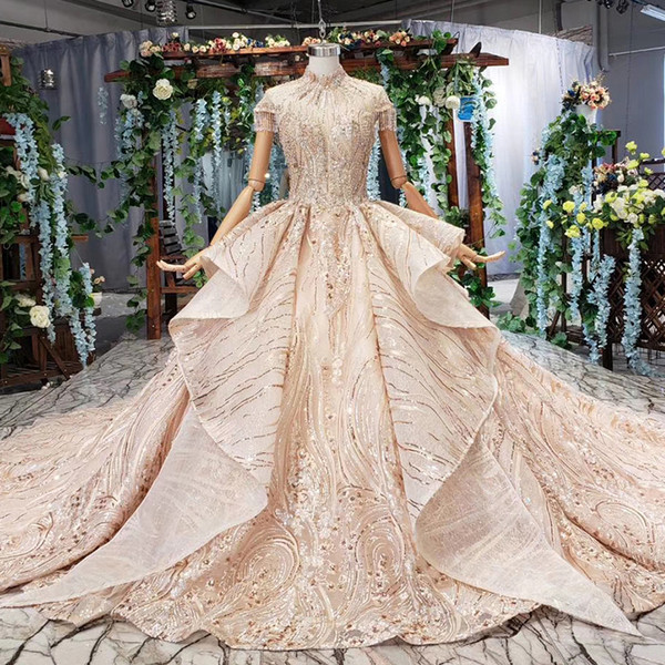 2022Saudi Arabia Wedding Dresses Illusion Tassel High Neck Crystal Cap Sleeve Open Keyhole Lace Up Back Ruffles Sequins Pattern Bridal Gown