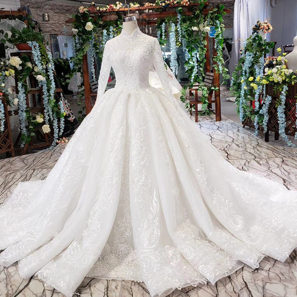 2022Summer New Wedding Dresses Long Tulle Sleeve Lace Up Back High Neck Applique Sequin Pearl Pattern Long Train Luxury Bridal Gowns Garden