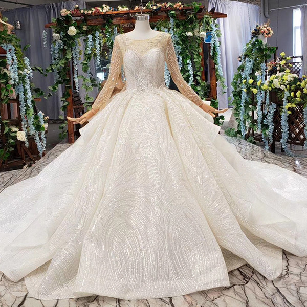 2022Latest Bohemian Wedding Dresses Long Tulle Sleeve Illusion O Neck Open Keyhole Lace Up Back Ruffle Sequins Crystal Bridal Gown Garden