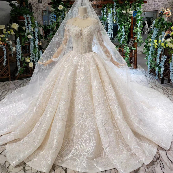 2022Latest Bohemian Wedding Dresses Illusion High Neck Long Tulle Sleeve Covered Button Shining Crystal Sequins Luxury Bridal Gowns Garden