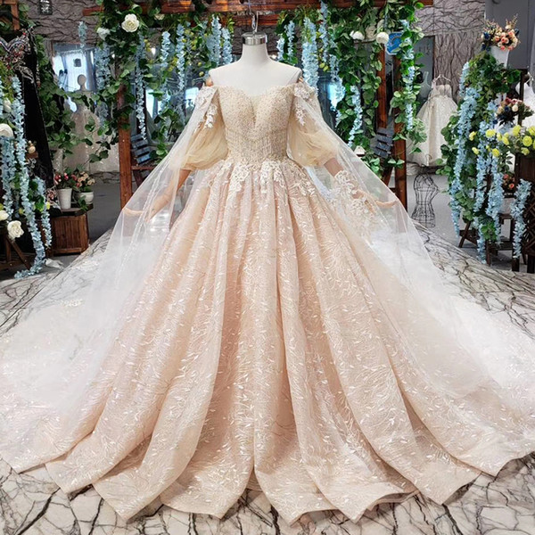 2022Latest Lebanon Wedding Dresses Tulle Half Sleeve Backless Lace Up Back Sexy Sweetheart Neck Crystal Lace Shawl Applique Bridal Gowns