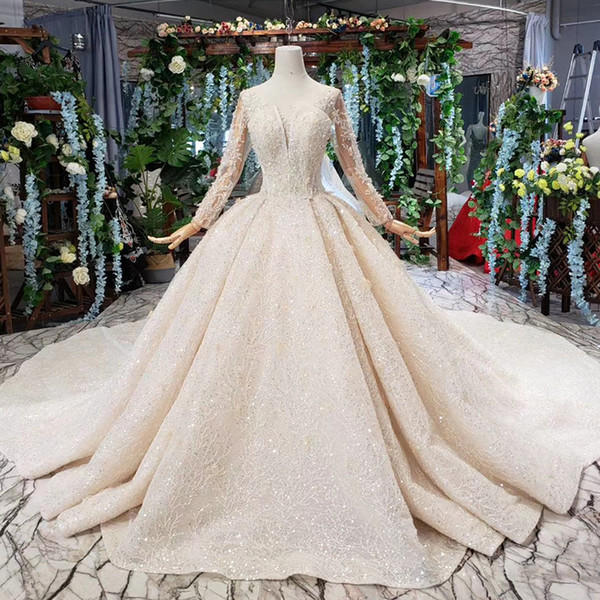 2022Latest Lebanon Wedding Dress Backless Lace Up Back Long Tulle Sleeve Shell Illusion O Neck Shining Sequins Crystal Pattern Bridal Gowns