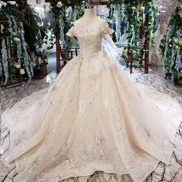 2022Latest Lebanon Wedding Dresses Princess Short Sleeve Shell Chest Strapless Backless Lace Up Back Bow Sequins Lace Bridal Gowns Garden