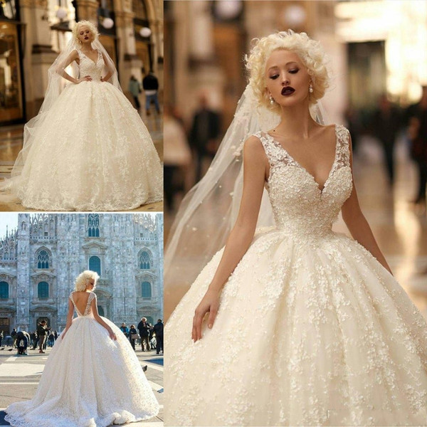 Luxurious Empire Ball Gown Wedding Dresses V Neck Sheer Strap Full Lace Appliques Sexy Backless Sweep Train Long Bridal Gowns BA7142