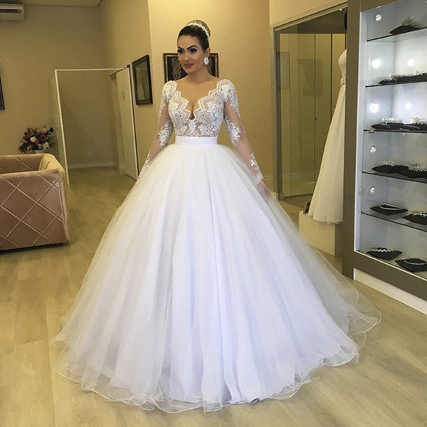 Modern Ball Gown Wedding Dress Sheer Neck Appliques Long Sleeve Ruched Tulle Floor Length Bridal Wedding Gowns Maternity Plus Size