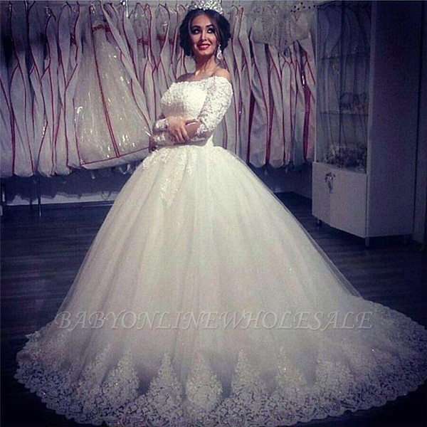 Saudi Arabic Vintage Long Sleeve Ball Gown Wedding Dresses Elegant Off Shoulder Appliques Ruched Long Vestidos Bridal Gowns BC2128