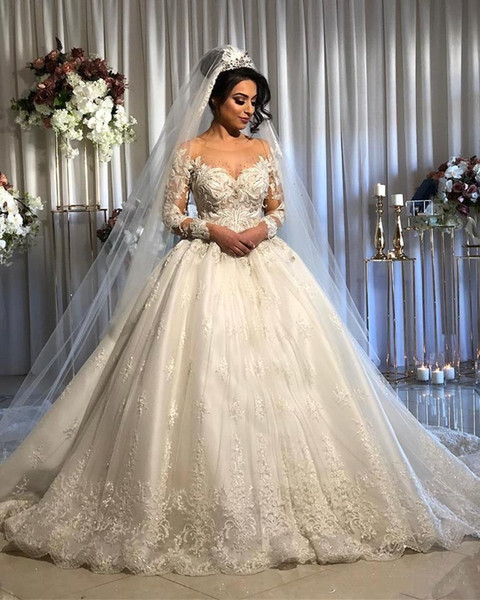 Vintage Long Sleeve Ball Gown Wedding Dresses Arabic Dubai Style Sheer Neck Lace Beaded Bridal Wedding Gowns BC2843