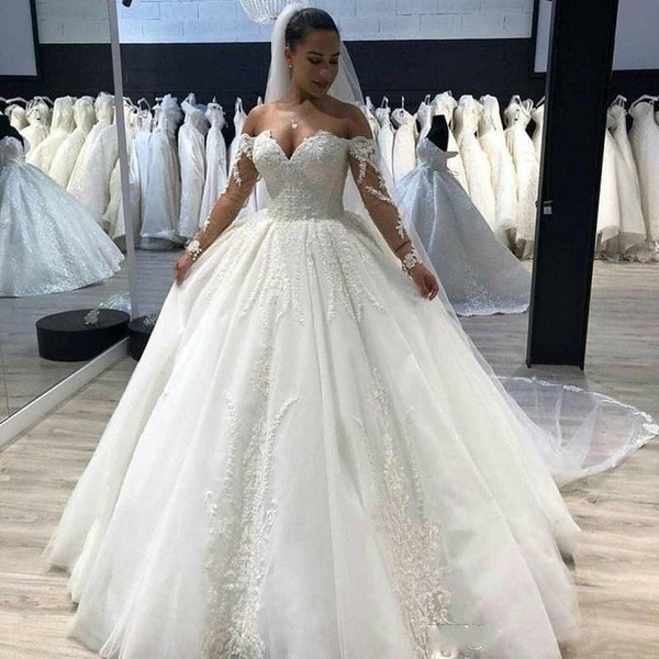 Newest Off Shoulder Ball Gown Wedding Dress Lace Appliqued Sheer Long Sleeve Sweetheart Plus Size Chapel Bridal Gown BC1995