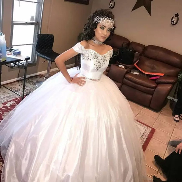 Princess Ball Gown Wedding Dress Elegant Off Shoulder Crystals Beaded Backless Long Bridal Party Gowns Plus Size