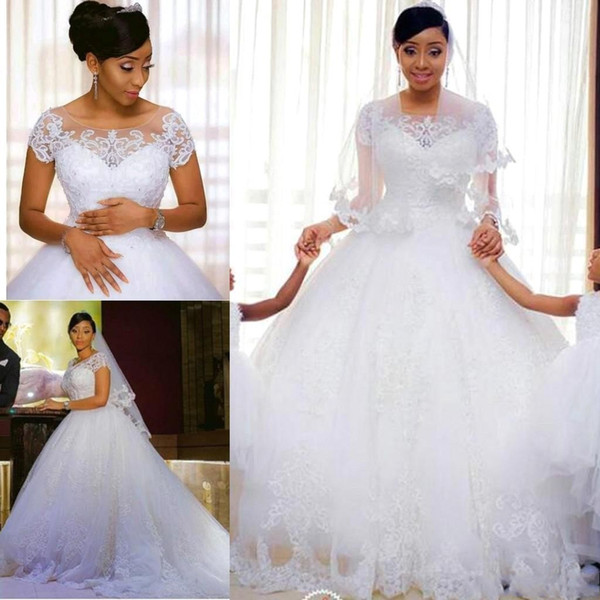 African Lace Appliques Ball Gown Wedding Dresses Short Sleeves Cheap Wedding Gowns Bride Dresses vestido de novia BC2605