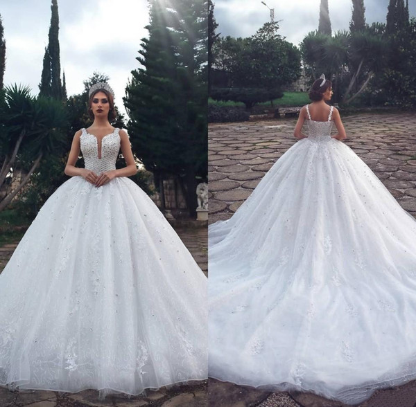 Arabic Said Ball Gown Wedding Dresses Backless Crystals Beaded Spaghetti With Ruched Appliques Floor Length Bridal Gowns Formal