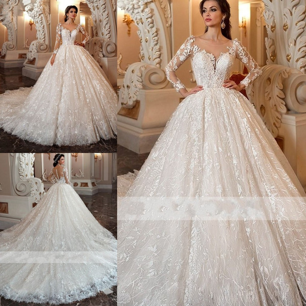 Gorgeous Dubai Arabic Full Lace Ball Gown Wedding Dresses Sheer Long Sleeve Appliques Ruched Puffy Long Train Bridal Gowns