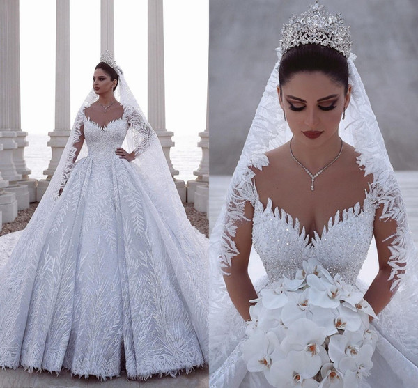 Luxurious Dubai Arabic Ball Gown Wedding Dresses Long Sleeve Beads Tulle 3D Lace Appliques Bridal Gowns Plus Size