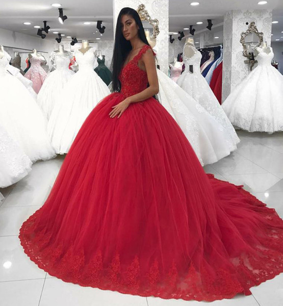 Red Ball Gown Wedding Dress Princess V Neck Spaghetti Appliques Ruched Long Train Bridal Wedding Gowns Plus Size Quinceanera Wears