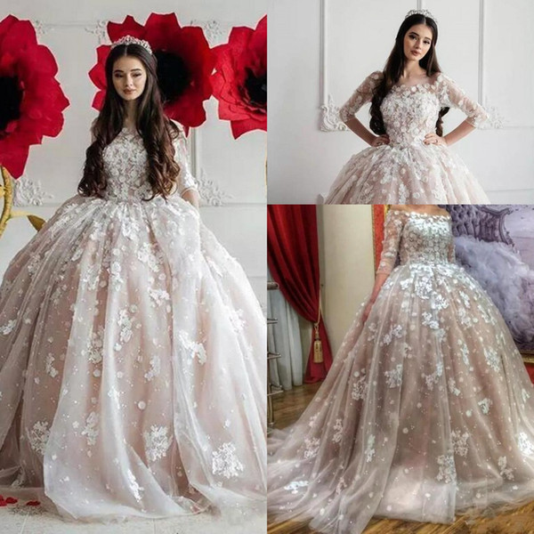 Vintage Saudi Arabic Ball Gown Wedding Dresses Off Shoulders Sheer Half Long Sleeves Lace Appliques Ruched Bridal Gowns BC2306