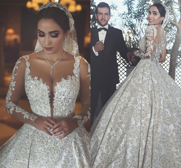 Saudi Arabic Dubaiy Style Luxury Ball Gown Wedding Dresses Beaded 3D Appliques Bridal Gowns With Sheer Long Sleeve Vestidos