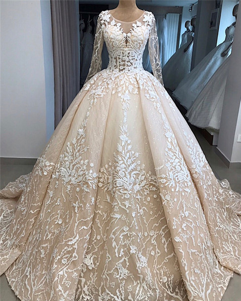 2022New Champagne Wedding Dresses Vintage Ball Gown Long Sleeve Lace Appliqued Bridal Gowns Plus Size Maternity Arabic Luxury BC2033