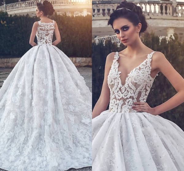 Luxury Dubai Said Mhamad Lace Ball Gown Wedding Dresses Appliques Beaded V Neck Backless Arabic Bridal Gowns