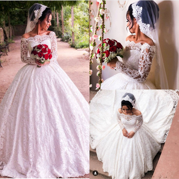 Saudi Arabic Vintage Ball Gown Lace Wedding Dresses Luxury Off Shoulder Long Train Bridal Gowns Vestidos De Novia