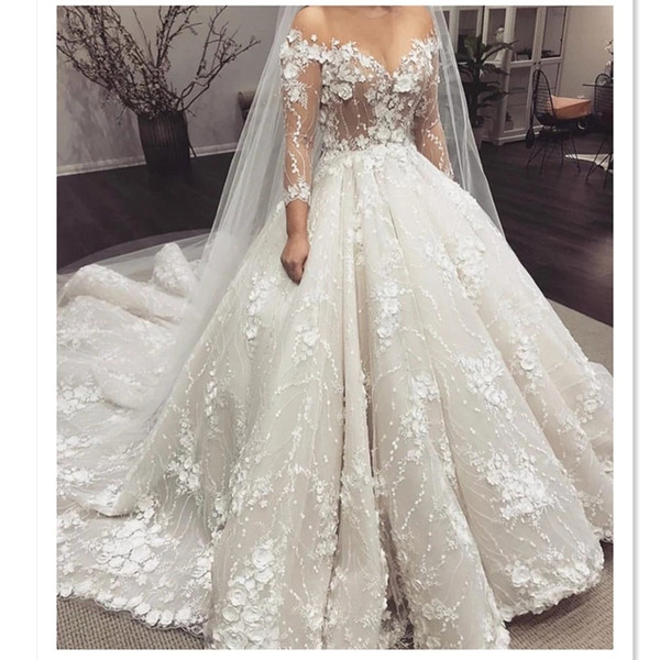 2022New Designed 3D Flora Appliqued Lace Ball Gown Wedding Dresses Vintage Sheer Long Sleeve Illusion Bodice Bridal Gowns With Buttons Back