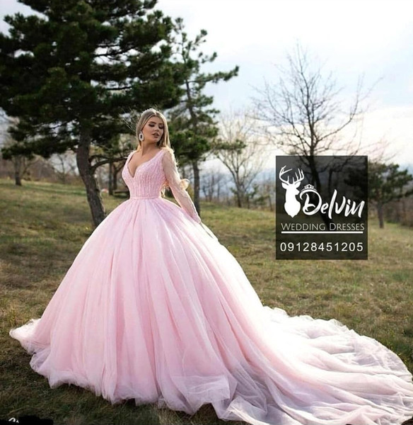 Vintage Arabic Dubai Stye Pink Ball Gown Wedding Dresses Sheer Long Sleeve Beaded Sequined Long Train Bridal Gowns BC2233