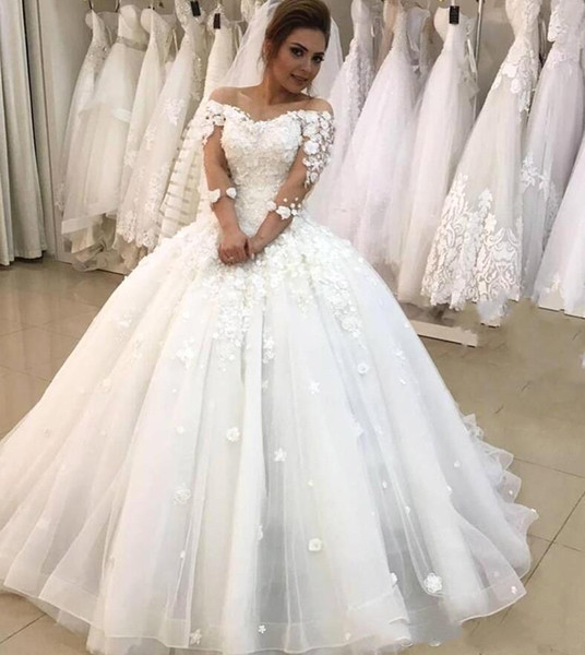 Princess 3D-Floral Ball Gown Wedding Dresses Arabic Vintage 3/4 Long Sleeve Vestido De Novia Bridal Gowns Plus Size BC2543