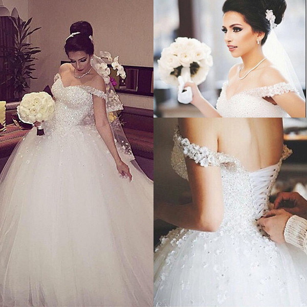 Gorgeous Crystals Sparkly White Ball Gown Wedding Dresses Formal Off the Shoulder Sequins Beading Lace-up Back Church Bridal Gowns Puffy