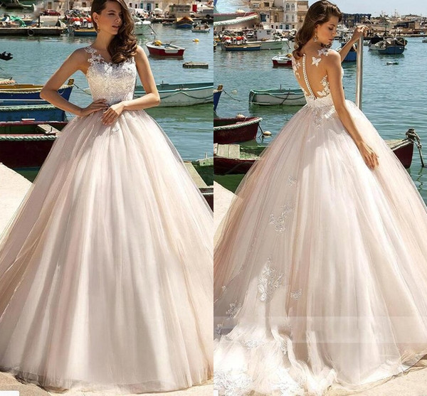 New Ball Gown Wedding Dresses Illusion Back Appliques Ruched Long Summer Bridal Gowns Vestidos de novia BC2882