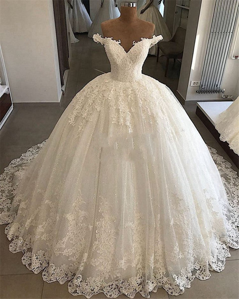 Elegant Ball Gown Wedding Dresses Off The Shoulder Lace Appliques Sparkling Beaded Cathedral Train Wedding Bridal Gowns With Lace Up Back