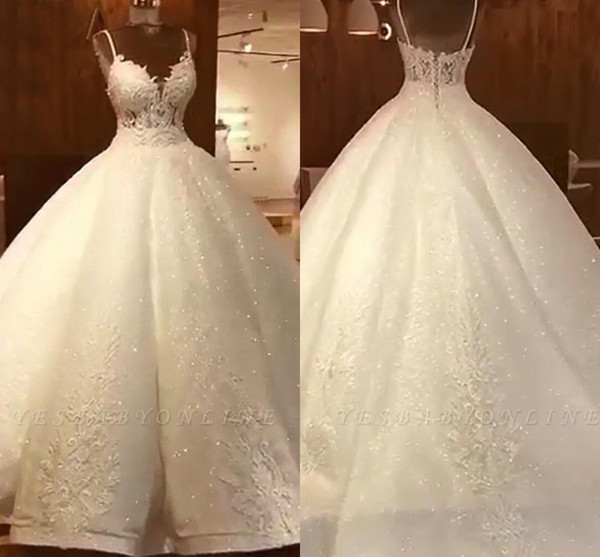 Robe de mariage Lace Sequined Ball Gown Wedding Dresses Sexy Spaghetti Strap Backless Appliqued Long Vestidod de novia Bridal Gowns