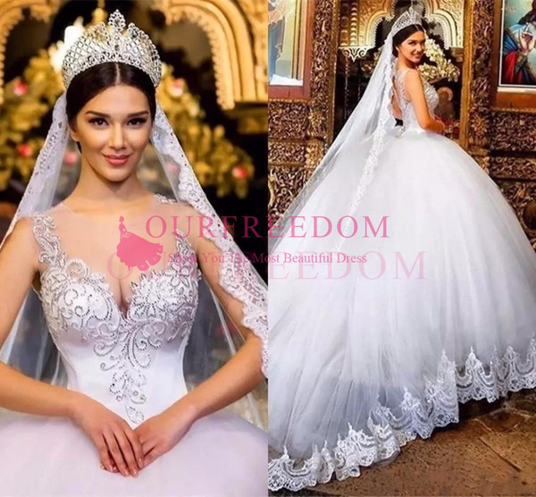 Ball Gown Wedding Dresses Sheer Neck Lace Applique Beads Crystal Hollow Back Court train Back Plus Size Bridal Gowns