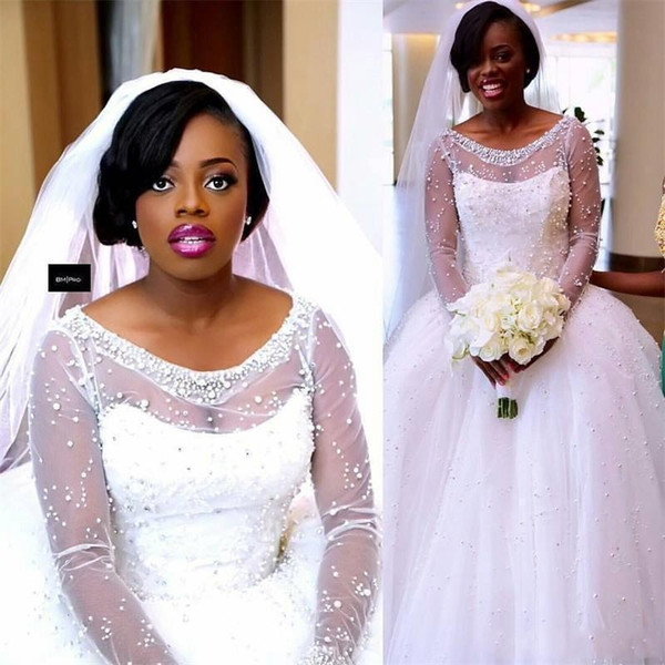 African Wedding Dresses Scoop Sheer Neck Illusion Long Sleeves Wedding Dress Ball Gown Tulle Beads Plus Size Bridal Dress