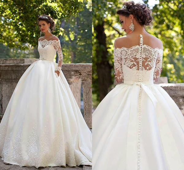 Milla Nova Romantic Wedding Dresses Princess Sheer Jewel Neck Ball Bridal Gown Back Covered Button Lace Long Sleeve Castle Satin