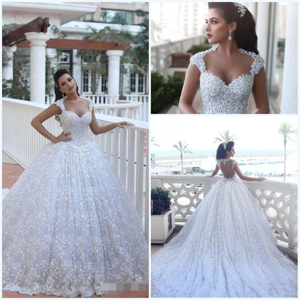 Dreaming Lace Ball Gown Wedding Dresses Backless 3D Flora Appliues with Cap Sleeves Sweetheart Beaded Bodice Cathedral Wedding Gowns