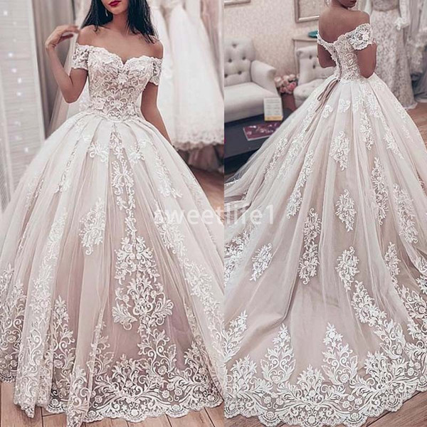 Luxury Lace Ball Gown Wedding Dress Sweetheart Off The Shoulder Wedding Gown Appliques Lace up Back Muslim Bride Dresses