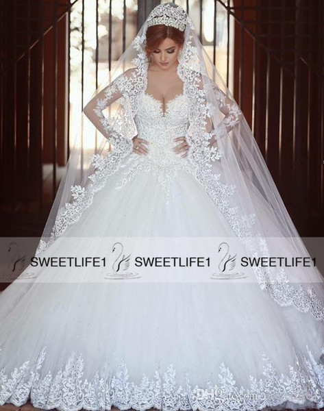 Luxury Lace Ball Gown Wedding Dresses Long Sleeves Lace Illusion Sexy V Neck Beaded Appliques Bridal Gowns Open Back